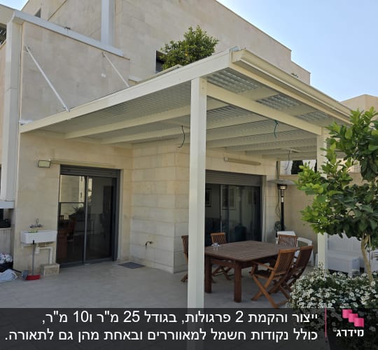 פרגולה מאלומיניום מעל מרפסת עם שולחן וכיסאות